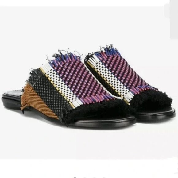 Proenza Schouler Woven Raffia Fringe Slides Size 38 US 7.5 Women's Sandals $595 - Picture 1 of 13